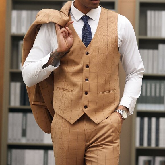 Rust Windowpane Wide Notch Lapel 3 Piece Stacy Adams Men's Suit - Picture 5 of 6